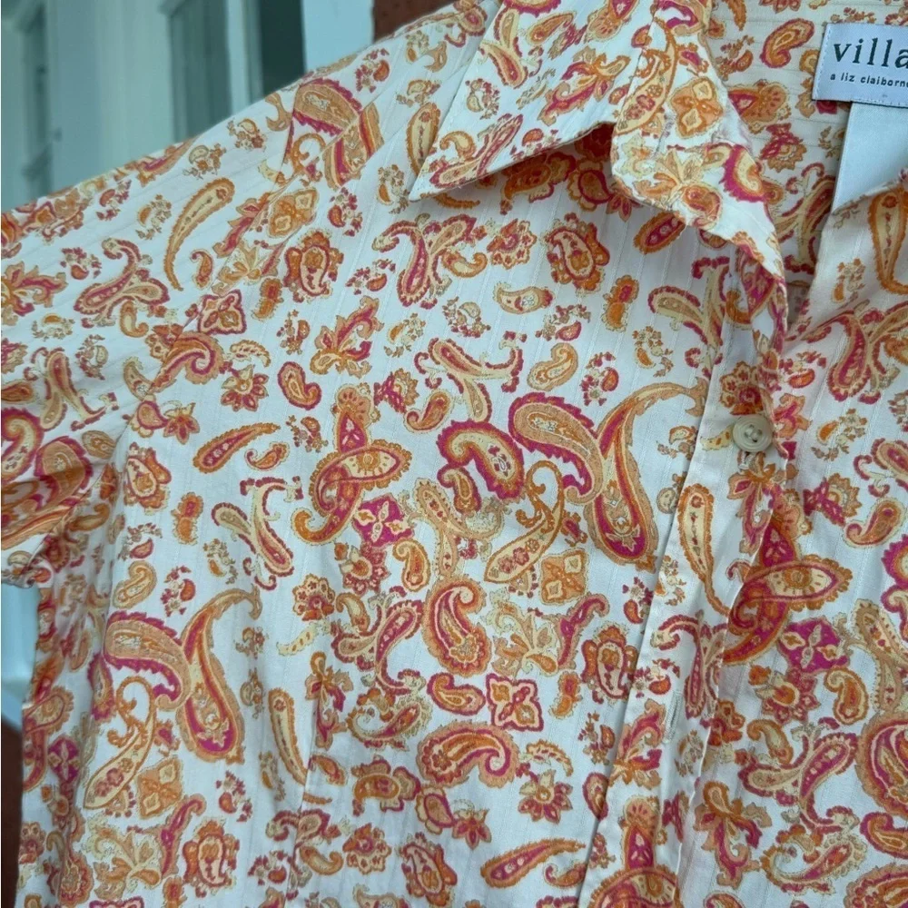 Women’s Orange and Pink Paisly Button Down Shirt Villager Liz Claiborne Size 12